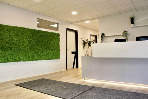 Ein moderner Empfangsbereich mit grüner Mooswand und stilvoller Theke schafft eine einladende Atmosphäre.