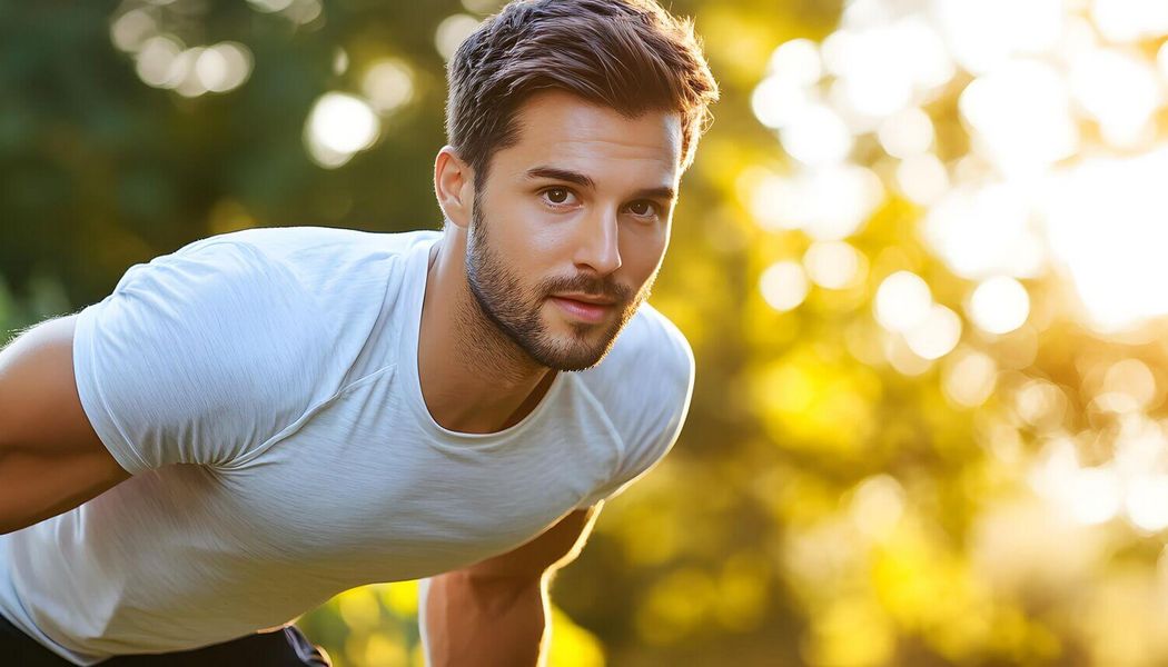 Ein Mann macht draußen Liegestütze im Sonnenschein, umgeben von grüner Natur.